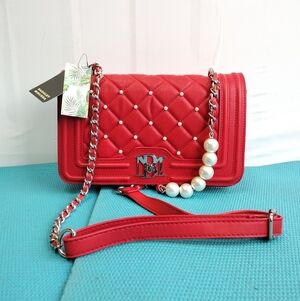 Badgley Mischka Pearls Quilted Letter Lock Crossbody Bag - Vegan Leather - Red